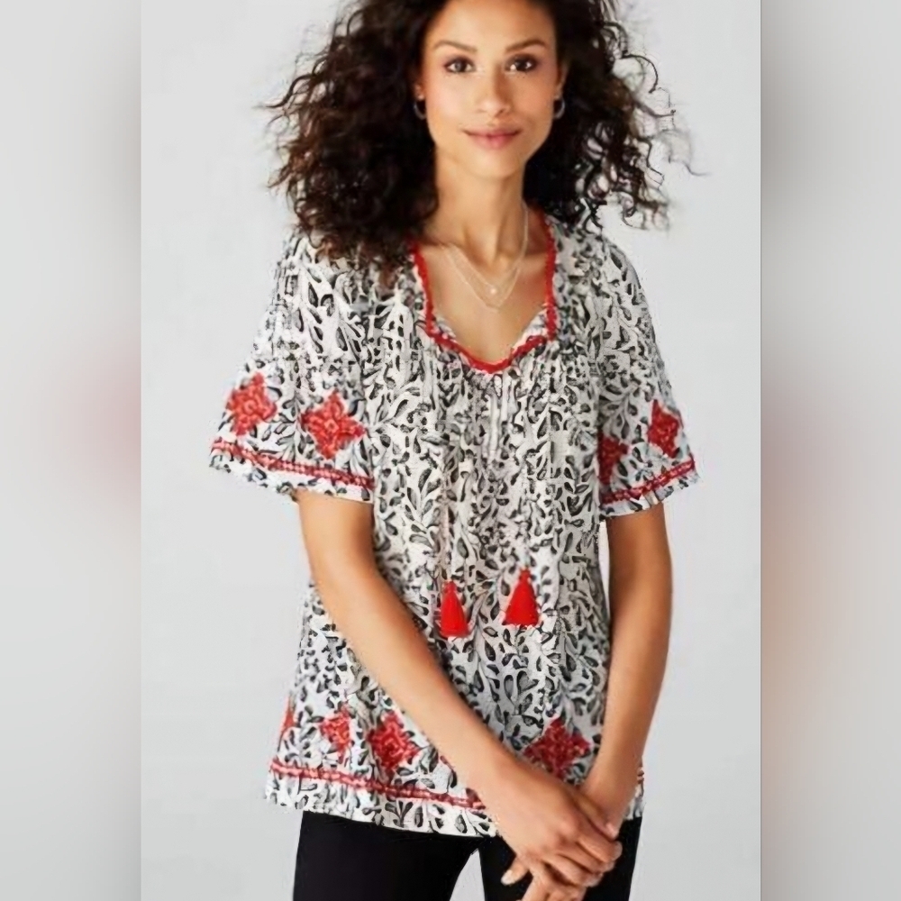 J Jill Embroidered Pullover Top Peasant Blouse Black White Red Tassels S…